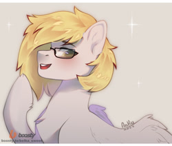 Size: 2356x2000 | Tagged: safe, artist:anku, imported from derpibooru, oc, oc only, oc:ludwig von leeb, pegasus, pony, blushing, chest fluff, colored pupils, eyebrows, eyebrows visible through hair, glasses, high res, hoof fluff, looking at you, male, open mouth, open smile, partially open wings, pony oc, simple background, smiling, smiling at you, solo, stallion, wings