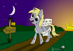 Size: 1200x849 | Tagged: safe, artist:darkdabula, imported from derpibooru, derpy hooves, pegasus, pony, atg 2022, lantern, moon, newbie artist training grounds, sign, solo, sunrise