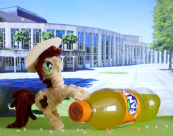 Size: 2373x1870 | Tagged: safe, artist:malte279, imported from derpibooru, oc, oc:canni soda, earth pony, chenille, chenille stems, chenille wire, craft, earth pony oc, fanta, galacon, hat, mascot, pipe cleaner sculpture, pipe cleaners