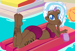 Size: 2016x1368 | Tagged: safe, artist:vi45, artist:yaya54320bases, imported from derpibooru, human, ass, bag, barefoot, base used, beach ball, bikini, bikini bottom, bikini top, butt, chips, clothes, commission, dark skin, feet, female, food, horn, horned humanization, humanized, lightning chill, looking at you, poolside, solo, swimming pool, swimsuit, tattoo, ych result