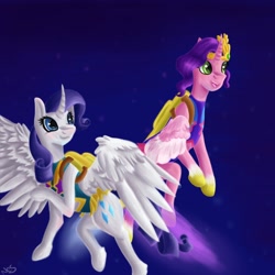 Size: 1200x1200 | Tagged: safe, artist:vhope15, imported from derpibooru, pipp petals, rarity, alicorn, pony, alicornified, clothes, duo, duo female, female, flying, g4, g4 to g5, g5, generation leap, jetpack, leotard, mare, my little pony: a new generation, night, night sky, pippcorn, race swap, raricorn, sky