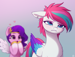 Size: 2463x1900 | Tagged: safe, artist:luminousdazzle, imported from derpibooru, pipp petals, zipp storm, pegasus, pony, adorapipp, adorazipp, alternate hairstyle, blurry, cute, ear piercing, female, folded wings, frown, g5, gasp, heart, high res, love, mare, open mouth, piercing, royal sisters (g5), siblings, signature, sisters, spread wings, unamused, wings, zipp storm is not amused