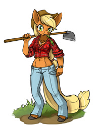 Size: 900x1200 | Tagged: safe, artist:lexx2dot0, imported from derpibooru, applejack, anthro, earth pony, unguligrade anthro, clothes, cowboy hat, dirt, female, freckles, grass, hat, midriff, plaid shirt, shirt, simple background, solo, stetson, watch, white background