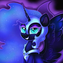 Size: 4000x4000 | Tagged: safe, artist:confetticakez, imported from derpibooru, nightmare moon, alicorn, pony, absurd resolution, armor, eyeshadow, female, grin, helmet, jewelry, makeup, mare, regalia, smiling, smug, smug smile, solo, spread wings, wings