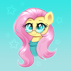 Size: 3640x3639 | Tagged: safe, artist:confetticakez, imported from derpibooru, fluttershy, pegasus, pony, blue background, bust, clothes, cute, female, glasses, mare, shyabetes, simple background, smiling, solo, stars, sweater, sweatershy