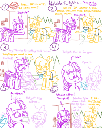 Size: 4779x6013 | Tagged: safe, artist:adorkabletwilightandfriends, imported from derpibooru, moondancer, spike, twilight sparkle, oc, oc:isabelle, alicorn, dragon, earth pony, pony, unicorn, comic:adorkable twilight and friends, adorkable, adorkable twilight, clothes, comic, cool, cute, disguise, door, dork, envelope, facial hair, giving, humor, magic, moustache, note, open door, paper-thin disguise, picture, skirt, slide, sliding, sunglasses, twilight sparkle (alicorn)