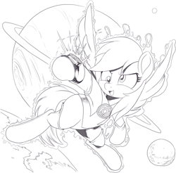 Size: 1372x1352 | Tagged: safe, artist:nauyaco, imported from derpibooru, derpy hooves, pony, blue lantern, clothes, dc comics, magic, monochrome, planet, solo