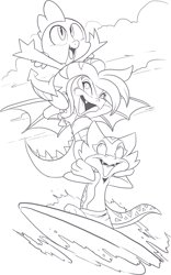 Size: 951x1527 | Tagged: safe, artist:nauyaco, imported from derpibooru, spike, oc, dragon, monochrome, surfboard