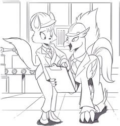 Size: 948x996 | Tagged: safe, artist:nauyaco, imported from derpibooru, anthro, classical hippogriff, fox, hippogriff, clipboard, clothes, furry, hard hat, hat, monochrome