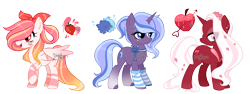 Size: 5820x2197 | Tagged: safe, artist:dixieadopts, imported from derpibooru, oc, oc:apple créme, oc:dreamy cheerleader, oc:strawberry milkshake, pegasus, pony, unicorn, bandaid, bow, clothes, female, flower, flower in hair, freckles, hair bow, magical lesbian spawn, mare, offspring, parent:big macintosh, parent:bulk biceps, parent:cheerilee, parent:fleur-de-lis, parent:fluttershy, parent:trixie, parents:fleurmac, parents:flutterbulk, simple background, socks, striped socks, transparent background, watermark