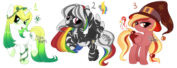 Size: 4662x1781 | Tagged: safe, artist:dixieadopts, imported from derpibooru, oc, oc:radiant garden, oc:stormy rainbow, oc:velvet star, hybrid, pegasus, pony, unicorn, zebra, zebrasus, zony, female, gradient mane, hat, magical lesbian spawn, mare, multicolored hair, offspring, parent:granny smith, parent:luster dawn, parent:rainbow dash, parent:rarity, parent:sunset shimmer, parent:zecora, rainbow hair, simple background, transparent background, watermark, witch hat