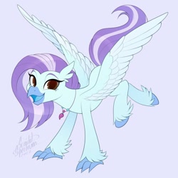 Size: 894x894 | Tagged: safe, artist:scarlet-spectrum, imported from derpibooru, oc, oc only, oc:ocean breeze, oc:ocean breeze (savygriffs), classical hippogriff, hippogriff, colored, commission, flat colors, hippogriff oc, looking at you, open mouth, open smile, signature, simple background, smiling, smiling at you, solo, spread wings, wings