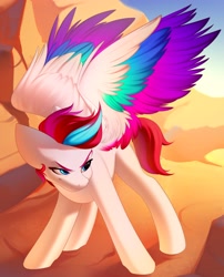 Size: 2500x3100 | Tagged: safe, artist:anniekayse, imported from derpibooru, zipp storm, pegasus, pony, colored wings, cool, dynamic pose, eyebrows, female, g5, high res, mare, multicolored wings, solo, spread wings, wings