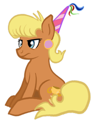 Size: 783x1021 | Tagged: safe, artist:lunar harmony, ms. harshwhinny, ear piercing, earring, female, hat, jewelry, mare, party hat, piercing, sitting, solo, unamused