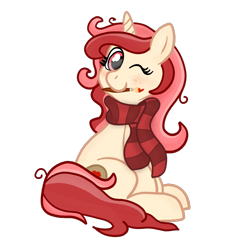 Size: 4500x4500 | Tagged: safe, artist:lunar harmony, oc:red palette, clothes, cute, female, looking at you, mare, paintbrush, scarf, sitting, solo, winking at you