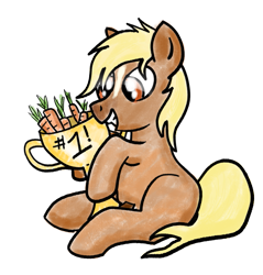 Size: 1089x1141 | Tagged: safe, artist:lunar harmony, carrot, cute, female, food, mare, miss /mlp/, miss /mlp/ 2021, sitting, smiling, solo, trophy, verity