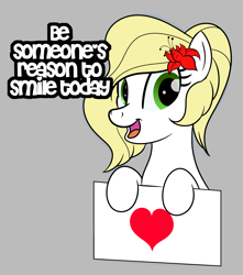 Size: 1770x2001 | Tagged: safe, artist:trash anon, imported from ponybooru, oc, oc only, oc:epithumia, earth pony, pony, blonde, blonde mane, caption, earth pony oc, english, flower, flower in hair, gray background, green eyes, heart, inspirational, looking at you, open mouth, open smile, simple background, smiling, smiling at you, text