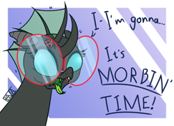 Size: 5500x4000 | Tagged: safe, artist:evan555alpha, imported from ponybooru, oc, oc only, oc:yvette (evan555alpha), changeling, insect, ladybug, bugs doing bug things, changeling oc, colored sketch, derp, dialogue, dorsal fin, ear clip, evan's daily buggo, fangs, female, forked tongue, gasp, glasses, gradient background, it's morbin time, morbius, motion lines, open mouth, pinpoint eyes, round glasses, screaming, signature, simple background, solo, stare, technicolor tongue, text, tongue out, wall-eyed, wide eyes