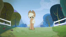 Size: 800x450 | Tagged: safe, imported from derpibooru, screencap, applejack, earth pony, pony, bats!, season 4, angry, animated, applejack is not amused, close-up, female, g4, gif, it's coming right at us, mare, narrowed eyes, solo, song, stop the bats, unamused, zoom