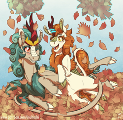 Size: 1843x1800 | Tagged: safe, artist:inuhoshi-to-darkpen, imported from derpibooru, autumn blaze, rain shine, kirin, autumn, autumn leaves, duo, duo female, female, glow, glowing horn, having fun, horn, leaf, leaves, looking at you, one eye closed