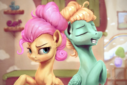 Size: 1920x1280 | Tagged: safe, artist:assasinmonkey, imported from derpibooru, fluttershy, zephyr breeze, pegasus, pony, duo, duo male and female, female, fluttershy is not amused, grin, hair bun, looking at someone, male, raised hoof, smiling, smirk, unamused