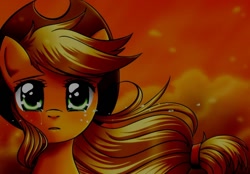 Size: 1024x714 | Tagged: artist needed, source needed, safe, imported from derpibooru, applejack, pony, bust, crying, female, looking at you, mare, solo, windswept mane