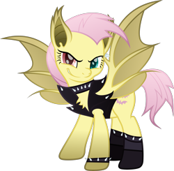 Size: 3360x3292 | Tagged: safe, artist:lincolnbrewsterfan, imported from derpibooru, fluttershy, bat pony, a bird in the hoof, bats!, my little pony: the movie, scare master, .svg available, alternate cutie mark, alternate design, alternate hairstyle, alternate tailstyle, bat ponified, bomber jacket, boots, bootstrap paradox, chest fluff, choker, claws, clothes, collar, cute, cute little fangs, fangs, female, flutterbat, flutterpunk, fusion, heterochromia, inkscape, inverted mouth, jacket, leather, leather jacket, looking at you, messy mane, messy tail, movie accurate, punk, race swap, red eyes, rocker, shoes, shyabates, shyabetes, simple background, smiling, smiling at you, smirk, socks, spiked choker, spiked collar, spiked wristband, svg, tail, transparent background, vector, vest, wing claws, wings, wristband