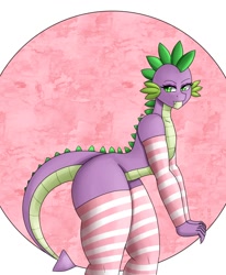 Size: 1400x1700 | Tagged: safe, artist:zachc, imported from derpibooru, spike, anthro, dragon, clothes, eyebrows, eyelashes, fangs, femboy, femboy spike, looking at you, male, socks, solo, striped socks, thigh highs