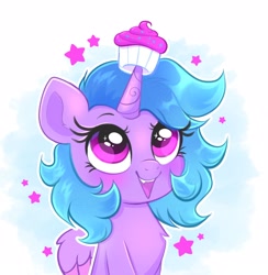 Size: 2816x2886 | Tagged: safe, artist:confetticakez, oc, oc only, alicorn, pony, cupcake, female, food, looking up, mare, open mouth, simple background, sitting, smiling