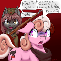 Size: 2000x2000 | Tagged: safe, alternate version, imported from twibooru, oc, oc only, oc:aunt eva, oc:veronika, pony, cleft lip, clothes, dialogue, female, floppy ears, gradient background, gun, image, looking at each other, looking at you, mare, png, red background, rifle, scared, scarf, signature, simple background, weapon