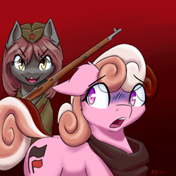 Size: 2000x2000 | Tagged: safe, alternate version, imported from twibooru, oc, oc only, oc:aunt eva, oc:veronika, pony, cleft lip, clothes, female, floppy ears, gradient background, gun, image, looking at each other, looking at you, mare, png, red background, rifle, scared, scarf, signature, simple background, weapon