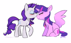 Size: 2821x1731 | Tagged: safe, artist:dawnfire, artist:lilfunkman, rarity, twilight sparkle, alicorn, pony, unicorn, blushing, eyes closed, female, horn, jewelry, kissing, lesbian, mare, necklace, rarilight, shipping, wings