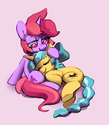 Size: 1591x1831 | Tagged: safe, artist:dawnfire, oc, oc only, oc:dawnfire, pony, unicorn, bow, duo, eyes closed, female, hair bow, horn, lidded eyes, mare, simple background, sleeping, snuggling, unicorn oc