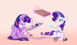 Size: 2021x1200 | Tagged: safe, artist:dawnfire, rarity, twilight sparkle, alicorn, pony, unicorn, blushing, board game, chess, crossed hooves, dominoes, duo, female, go, horn, magic, mare, raised eyebrow, simple background, sitting, telekinesis, twilight sparkle (alicorn), wings