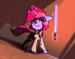 Size: 1369x1075 | Tagged: safe, artist:dawnfire, oc, oc only, oc:dawnfire, pony, unicorn, clothes, female, horn, lightsaber, magic, mare, robe, solo, star wars, telekinesis, unicorn oc, weapon