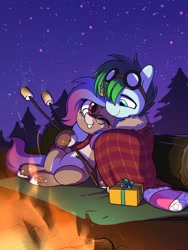 Size: 1668x2224 | Tagged: safe, artist:dawnfire, oc, oc only, oc:gryph xander, oc:midnight winds, pegasus, unicorn, blanket, campfire, female, food, freckles, goggles, hair over one eye, horn, male, mare, marshmallow, night, one eye closed, pale belly, present, smiling, stallion