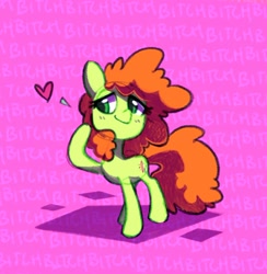 Size: 1384x1419 | Tagged: safe, artist:dawnfire, oc, oc only, oc:loud bitch, earth pony, pony, earth pony oc, female, heart, mare, raised hoof, solo, text, vulgar