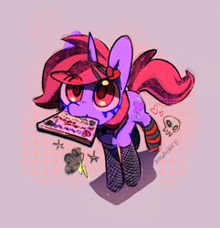 Size: 1255x1301 | Tagged: safe, artist:dawnfire, oc, oc only, oc:dawnfire, pony, unicorn, cd, clothes, eye clipping through hair, female, fishnets, horn, mare, mouth hold, offering, socks, solo, striped socks, unicorn oc