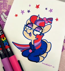 Size: 1859x2048 | Tagged: safe, artist:dawnfire, moondancer, pony, unicorn, clothes, female, glasses, horn, mare, open mouth, prone, solo, stars, sweater, traditional art, turtleneck