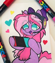 Size: 1795x2048 | Tagged: safe, artist:dawnfire, oc, oc only, oc:lillybit, earth pony, pony, bow, clothes, eye clipping through hair, female, hair bow, headset, mare, nintendo switch, open mouth, scarf, solo, traditional art