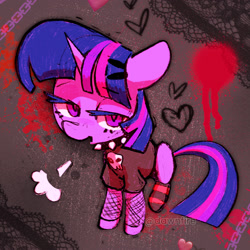 Size: 1462x1462 | Tagged: safe, artist:dawnfire, twilight sparkle, pony, unicorn, clothes, collar, female, fishnets, horn, lidded eyes, looking at you, mare, shirt, sitting, socks, solo, spiked collar, striped socks, unicorn twilight