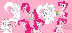 Size: 1896x868 | Tagged: safe, artist:legendoflink, imported from derpibooru, pinkie pie, earth pony, pony, a friend in deed, aaaaaaaaaa, bipedal, eyes closed, female, mare, open mouth, present, scrunchy face, sitting, smiling