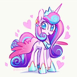 Size: 1390x1390 | Tagged: safe, artist:dawnfire, princess flurry heart, alicorn, pony, crown, female, heart, hoof shoes, horn, jewelry, looking at you, mare, peytral, regalia, simple background, smiling, solo, spread wings, white background, wings