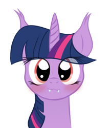 Size: 581x675 | Tagged: safe, artist:ramprover, derpibooru exclusive, imported from derpibooru, twilight sparkle, alicorn, bat pony, pony, :3, bat ponified, blushing, bust, cute, eye clipping through hair, fangs, female, flushed face, happy, horn, looking at you, mare, race swap, simple background, smiling, smiling at you, solo, transparent background, twiabetes, twibat, twilight sparkle (alicorn)