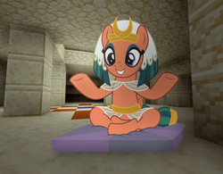 Size: 1114x867 | Tagged: safe, artist:jhayarr23, artist:ramprover, edit, imported from derpibooru, somnambula, pegasus, pony, a rockhoof and a hard place, clothes, cute, egyptian, egyptian headdress, egyptian pony, female, happy, lotus position, mare, minecraft, smiling, solo, somnambetes, video game, video game crossover