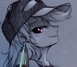 Size: 1370x1189 | Tagged: safe, artist:liaaqila, imported from derpibooru, rainbow dash, human, equestria girls, baseball cap, black and white, cap, cute, dashabetes, female, grayscale, hat, monochrome, partial color, pen, solo, traditional art