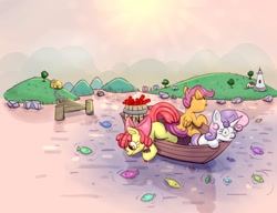 Size: 2000x1538 | Tagged: safe, artist:nedemai, imported from derpibooru, apple bloom, scootaloo, sweetie belle, earth pony, fish, pegasus, pony, unicorn, atg 2022, boat, cutie mark crusaders, dead, dynamite, explosives, female, filly, fishing, foal, newbie artist training grounds, this will end in explosions, this will end in tears and/or death and/or covered in tree sap, tnt, x eyes