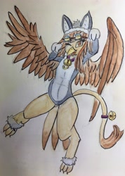 Size: 2812x3956 | Tagged: safe, artist:schwarz, imported from derpibooru, oc, oc:zahnrad, griffon, animal costume, bells, cat costume, clothes, costume, goggles, traditional art, watercolor painting