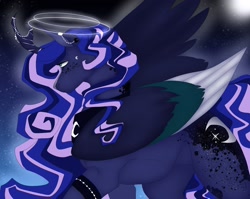 Size: 2048x1632 | Tagged: safe, artist:inisealga, imported from derpibooru, princess luna, alicorn, pony, alternate hairstyle, colored wings, female, folded wings, halo, horn, jewelry, mare, moon, multicolored hair, multicolored mane, night, redesign, regalia, solo, wings