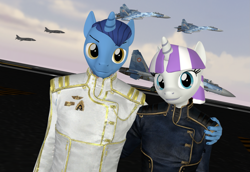 Size: 1573x1080 | Tagged: safe, artist:fuzeamateursfm, imported from derpibooru, night light, rainbow dash, twilight velvet, anthro, unicorn, 3d, ace combat, aircraft, aircraft carrier, av-8b harrier ii, clothes, erusea, female, husband and wife, love, male, military, modern warship, navy, nightvelvet, pilot, shipping, straight, su-35s super flanker, uniform, us navy